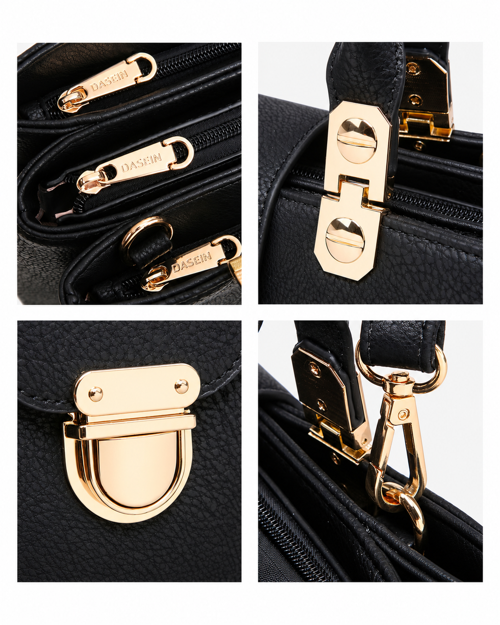 Women’s Black PU Leather Tote Shoulder Bag with 3 Compartments, Zipper Closure &amp; Adjustable Strap