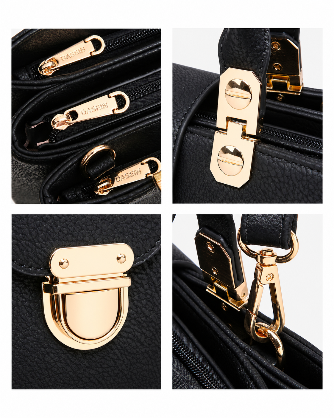 Women’s Black PU Leather Tote Shoulder Bag with 3 Compartments, Zipper Closure &amp; Adjustable Strap