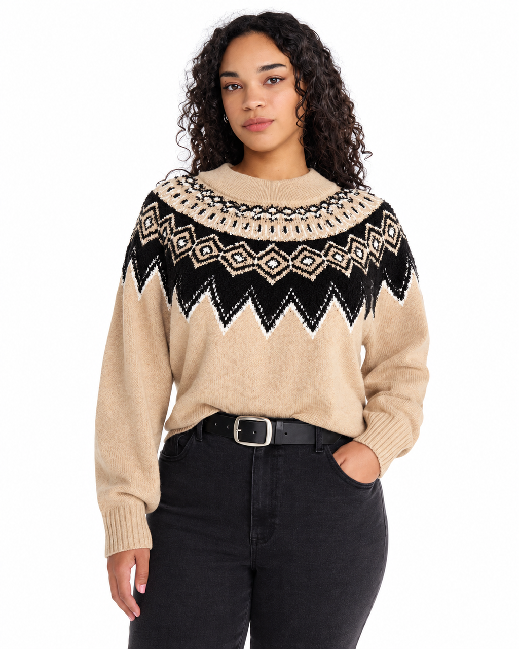 Women's Fair Isle Crewneck Sweater with Long Sleeves, Midweight Knit, Sizes XS-4X