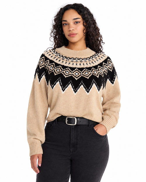 Women's Fair Isle Crewneck Sweater with Long Sleeves, Midweight Knit, Sizes XS-4X