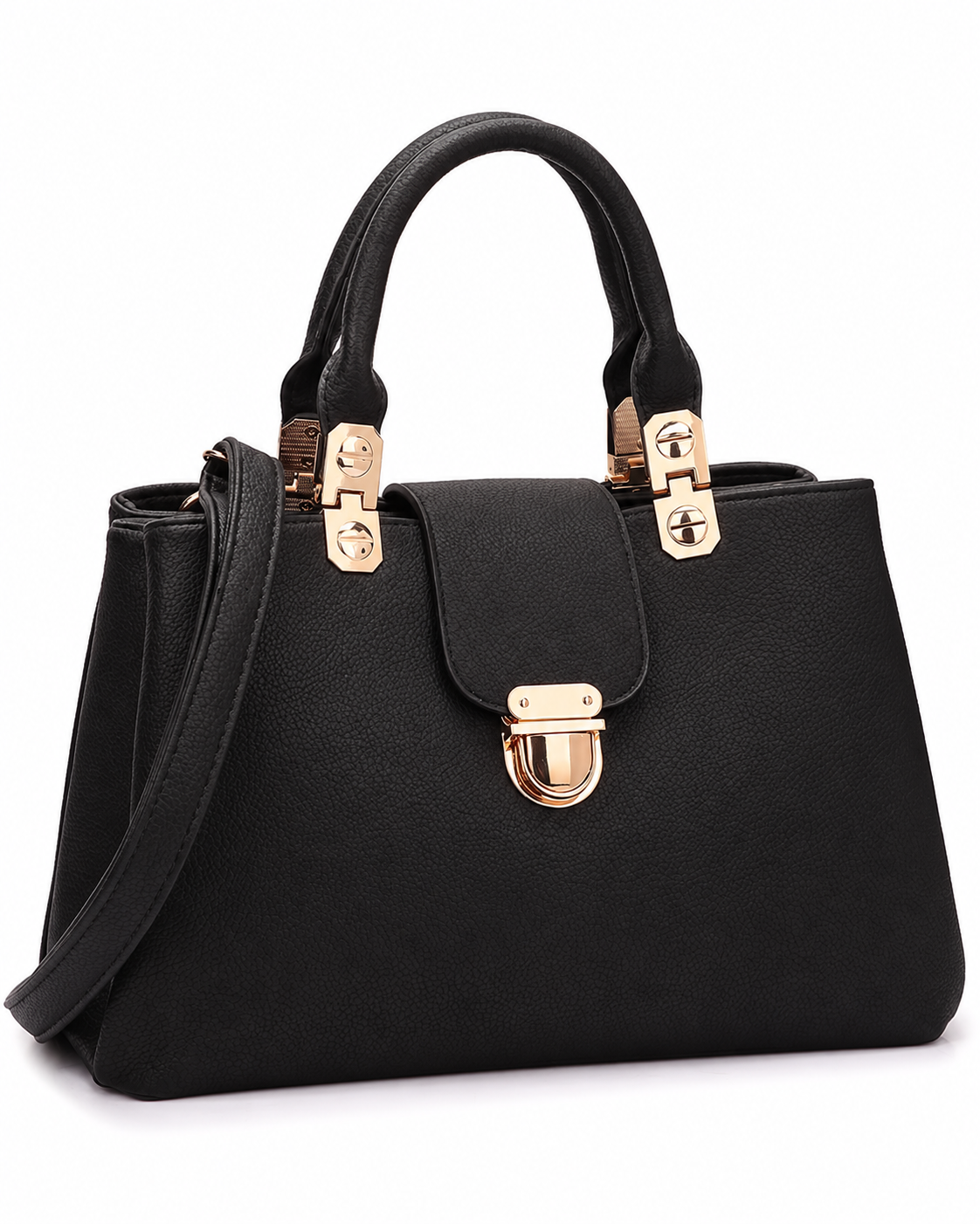 Women’s Black PU Leather Tote Shoulder Bag with 3 Compartments, Zipper Closure &amp; Adjustable Strap