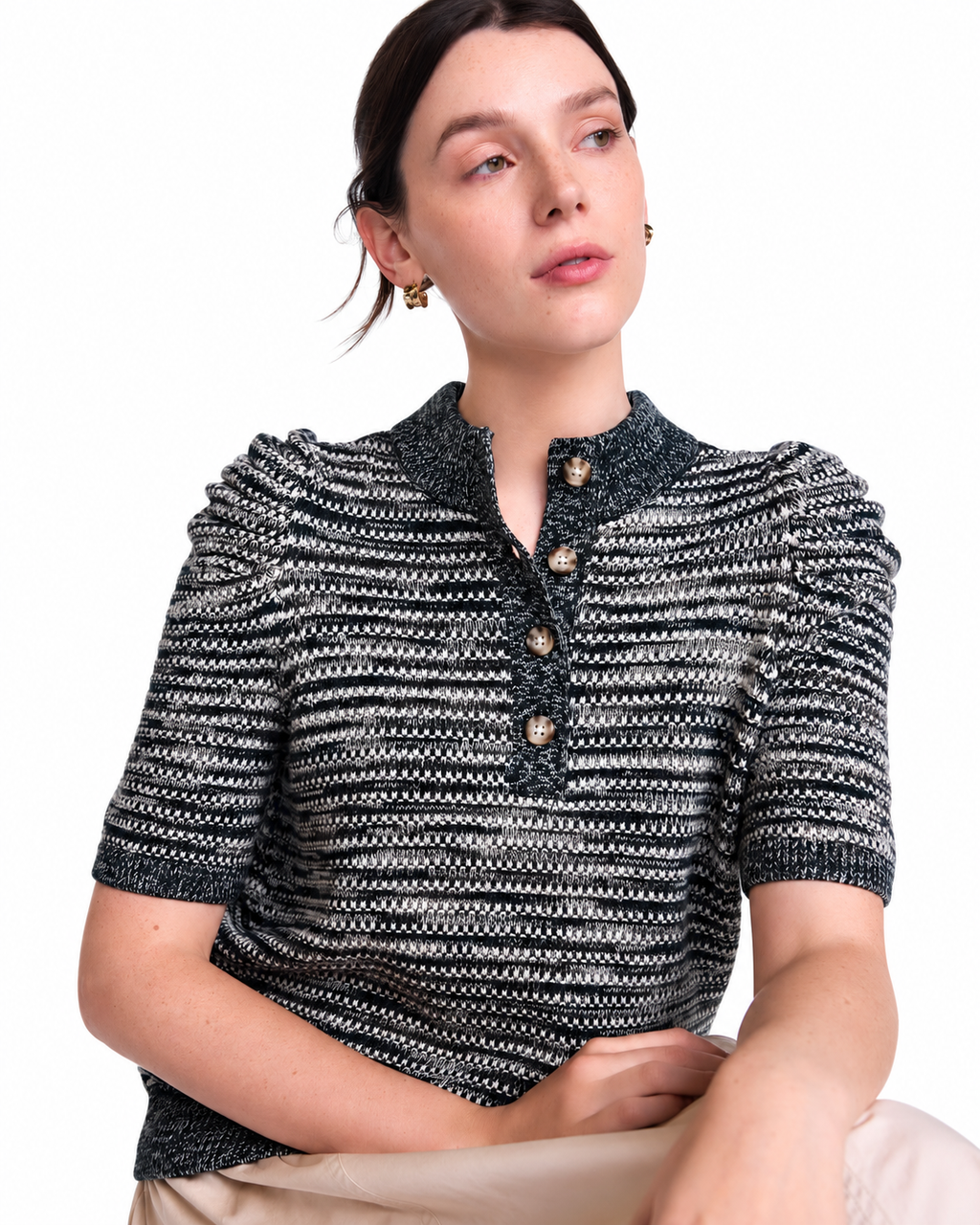 Women's Henley Sweater with Puff Sleeves, Textured Knit, Lightweight, Sizes XS-4X