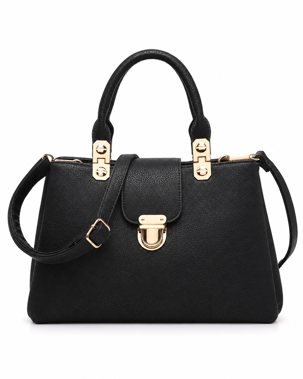 Women’s Black PU Leather Tote Shoulder Bag with 3 Compartments, Zipper Closure &amp; Adjustable Strap
