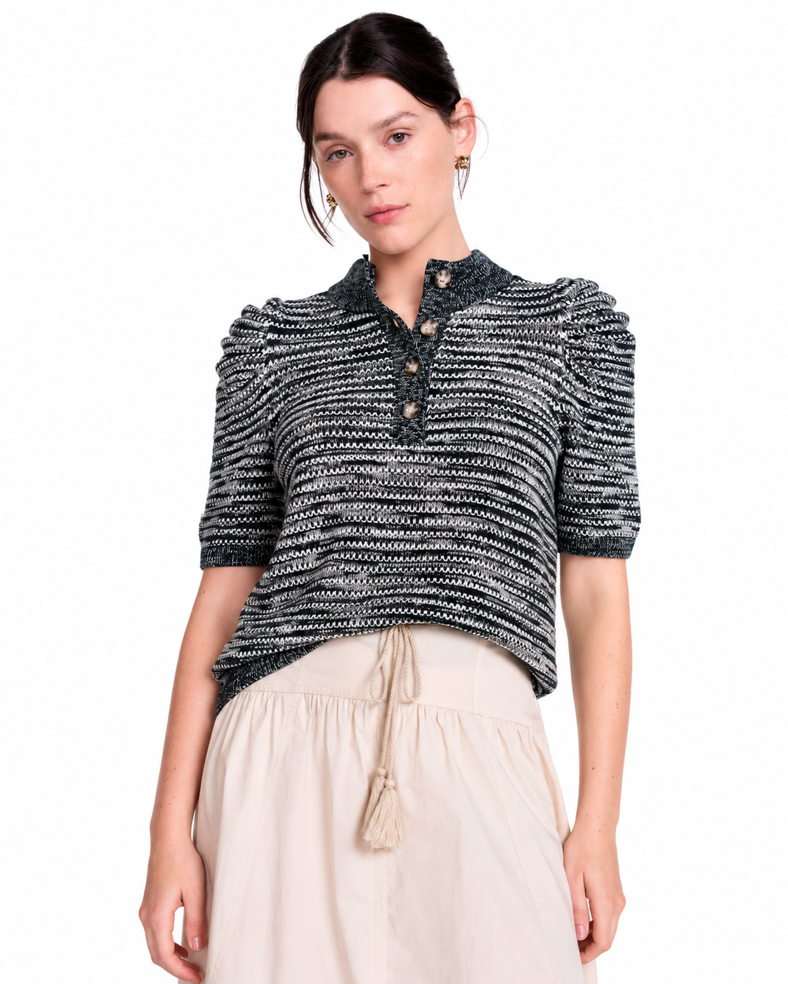 Women's Henley Sweater with Puff Sleeves, Textured Knit, Lightweight, Sizes XS-4X