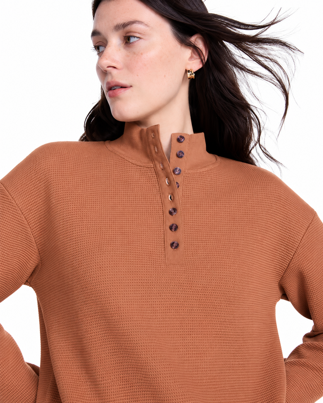 Women's Waffle Knit Mock Neck Button Top, Long Sleeve, XS-4X