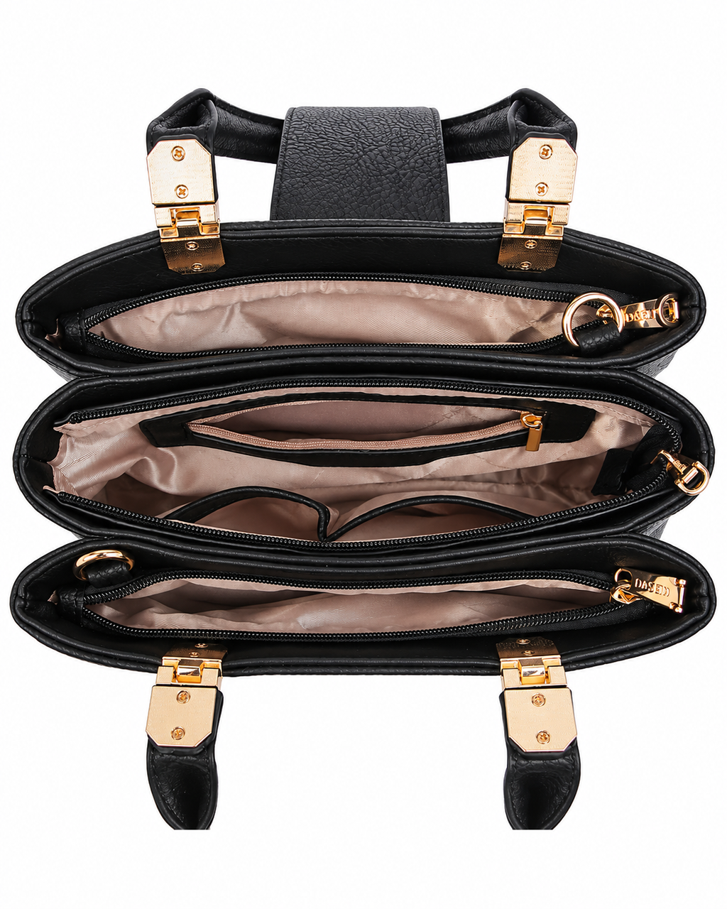 Women’s Black PU Leather Tote Shoulder Bag with 3 Compartments, Zipper Closure &amp; Adjustable Strap