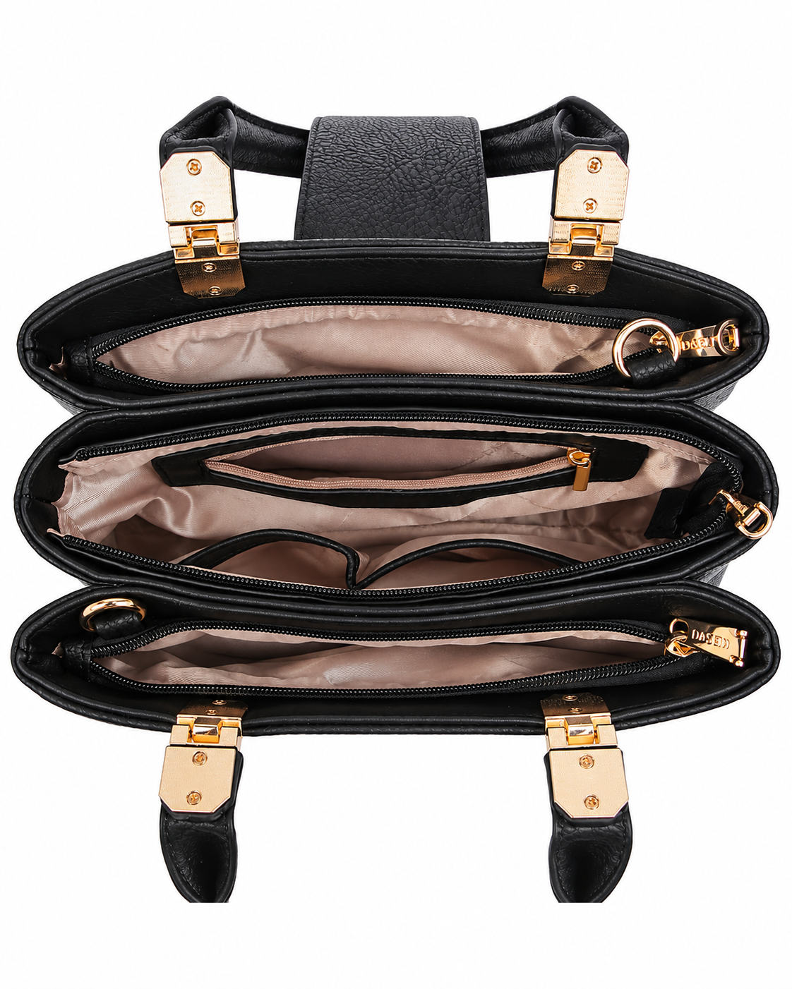 Women’s Black PU Leather Tote Shoulder Bag with 3 Compartments, Zipper Closure &amp; Adjustable Strap