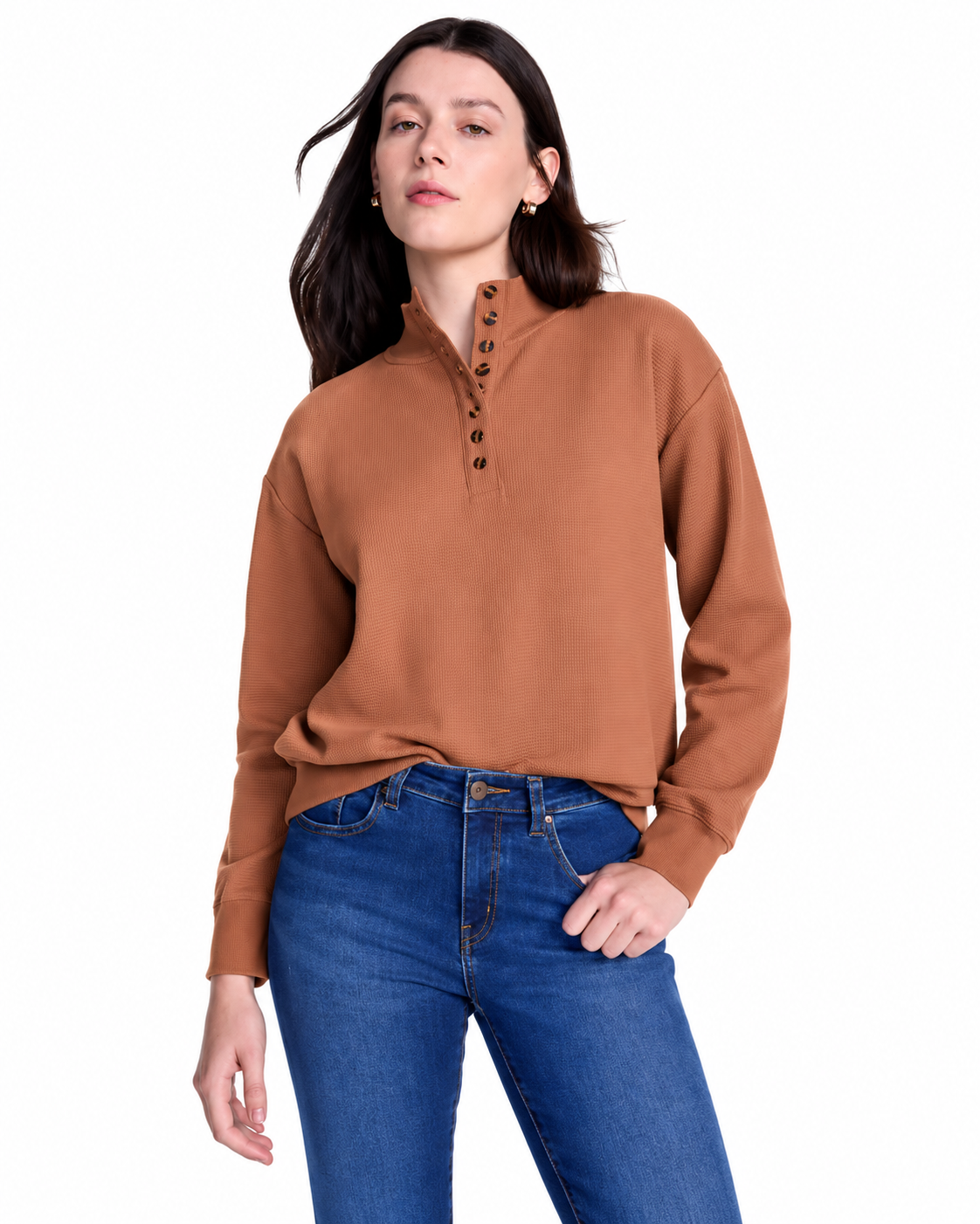 Women's Waffle Knit Mock Neck Button Top, Long Sleeve, XS-4X